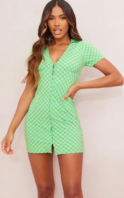 Green Check Print Button Down Polo Collar Bodycon Dress