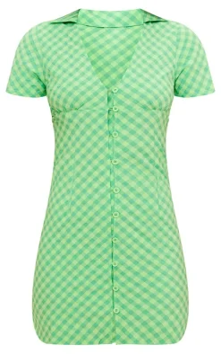 Green Check Print Button Down Polo Collar Bodycon Dress