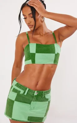 Green Check Print Denim Micro Mini Skirt