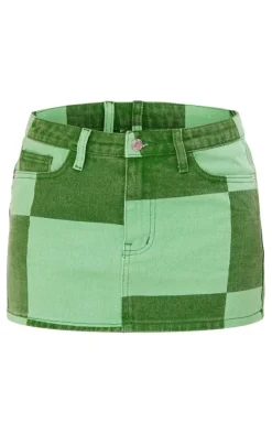Green Check Print Denim Micro Mini Skirt