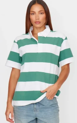 Green Chunky Striped Collared Oversized T Shirt