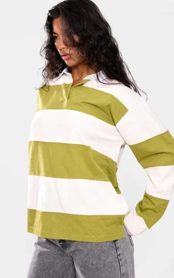 Green Collared Stripey Oversized Long Sleeve T Shirt