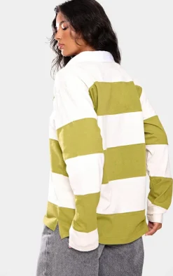 Green Collared Stripey Oversized Long Sleeve T Shirt