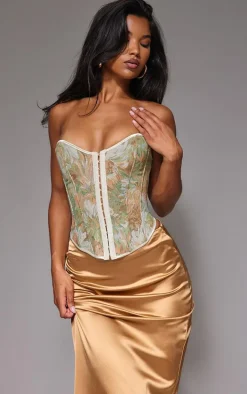 Green Contrast Binding Jacquard Hook & Eye Corset