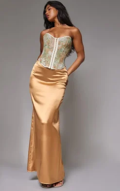 Green Contrast Binding Jacquard Hook & Eye Corset