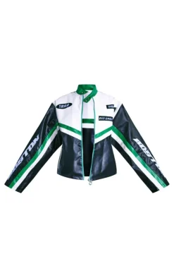 Green Contrast Stripe Faux Leather Motocross Jacket