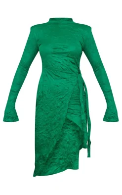 Green Crinkle High Neck Wrap Midi Dress
