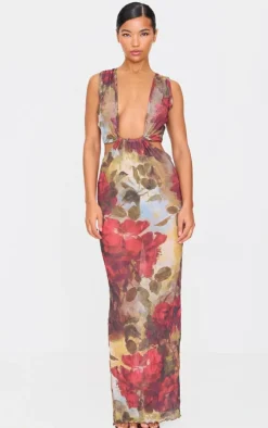 Green Crinkle Mesh Printed Cut Out Maxi Dress