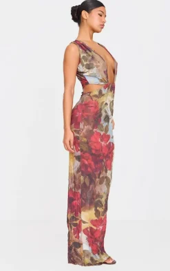 Green Crinkle Mesh Printed Cut Out Maxi Dress