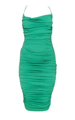 Green Crinkle Texture Ruched Cowl Neck Midi Dress