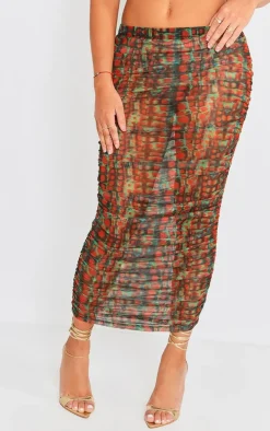 Green Croc Printed Mesh Ruched Midaxi Skirt