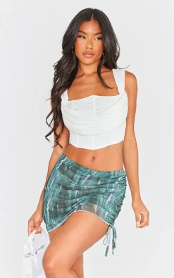 Green Denim Print Mesh Ruched Micro Mini Skirt