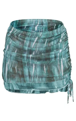 Green Denim Print Mesh Ruched Micro Mini Skirt
