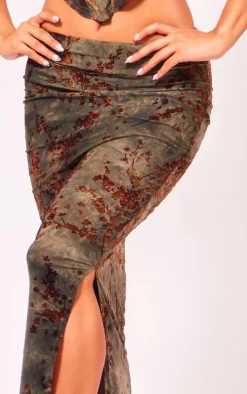 Green Devore Low Rise Maxi Skirt