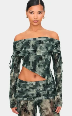 Green Devore Mesh Foldover Long Sleeve Top