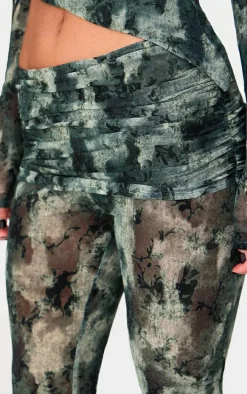 Green Devore Mesh Foldover Slim Flare Pants