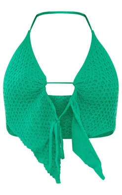 Green Dipped Hem Halter Neck Textured Knit Top