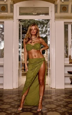 Green Distressed Detail Ruched Maxi Skirt