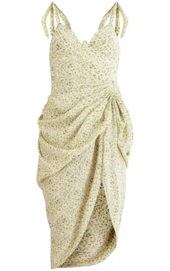 Green Ditsy Floral Print Underwire Detail Draped Midi Dress