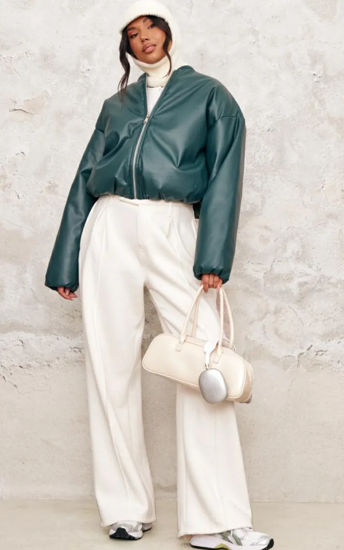 Green Faux Leather Oversized Bomber Jacket