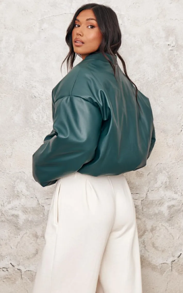Green Faux Leather Oversized Bomber Jacket