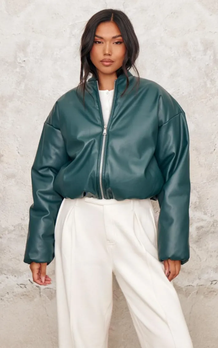 Green Faux Leather Oversized Bomber Jacket