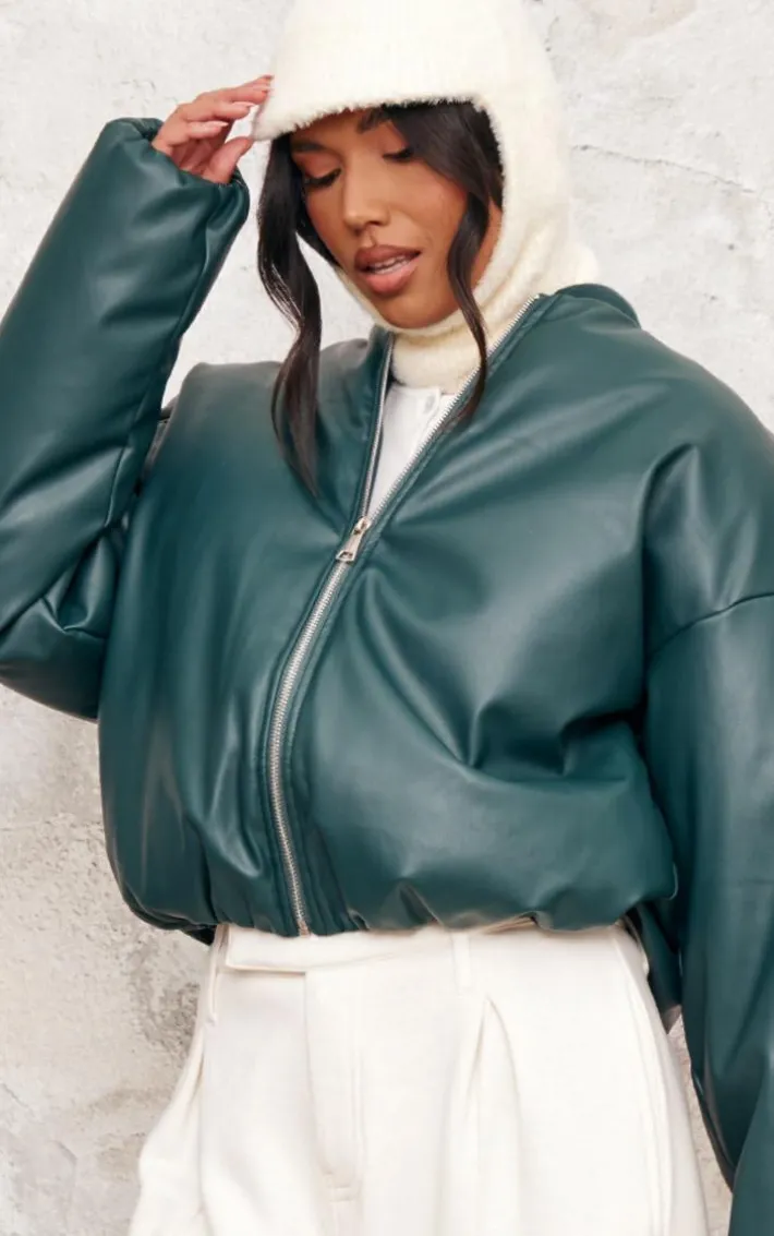 Green Faux Leather Oversized Bomber Jacket