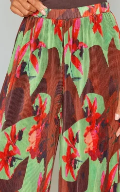Green Floral Abstract Print Plisse High Waisted Wide Leg Pants