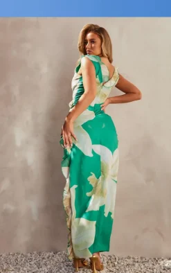 Green Floral Asymmetric Frill Split Maxi Dress