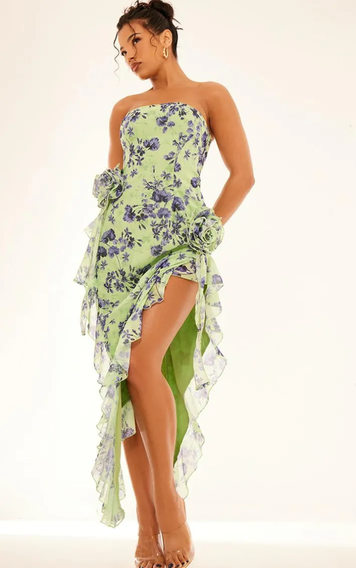 Green Floral Bandeau Corsage Frill Detail Midaxi Dress