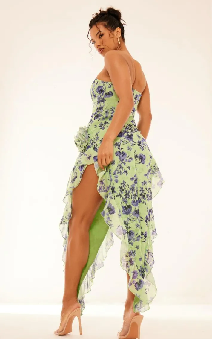 Green Floral Bandeau Corsage Frill Detail Midaxi Dress