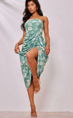 Green Floral Devore Bandeau Draped Midaxi Dress