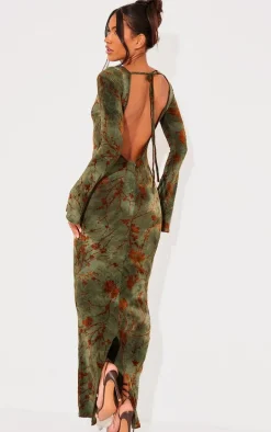 Green Floral Devore Long Sleeve Maxi Dress