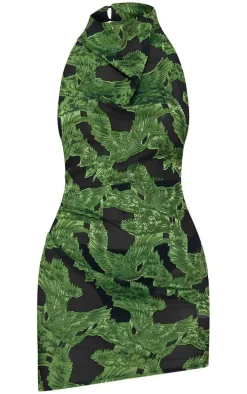Green Floral Jacquard High Neck Cowl Backless Bodycon Dress