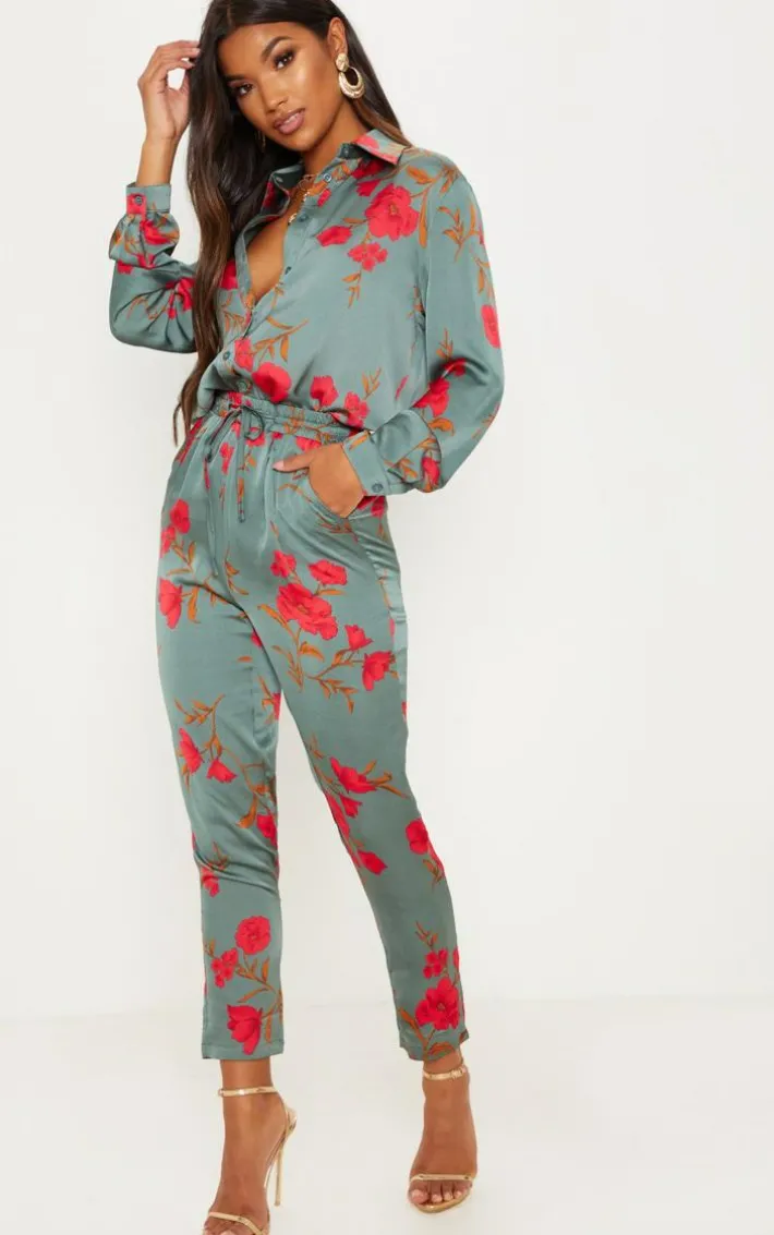 Green Floral Print Cigarette Pants