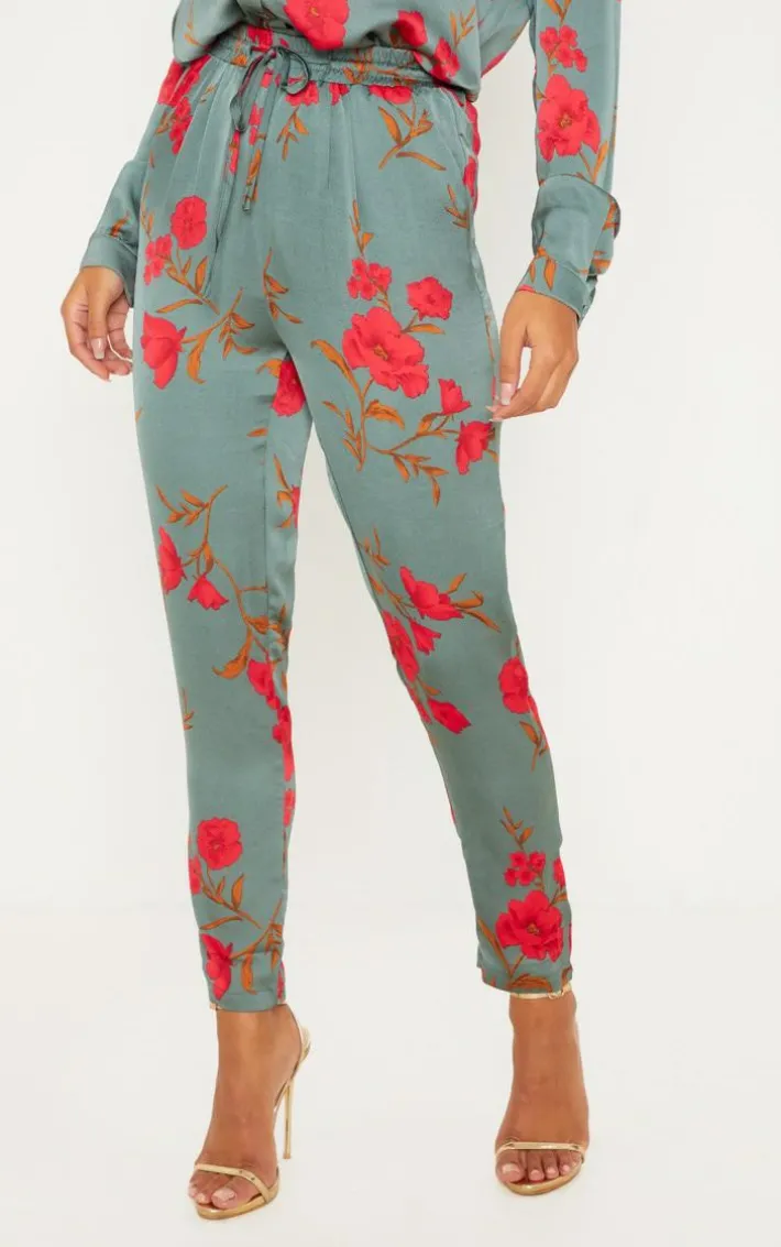 Green Floral Print Cigarette Pants