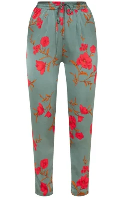 Green Floral Print Cigarette Pants