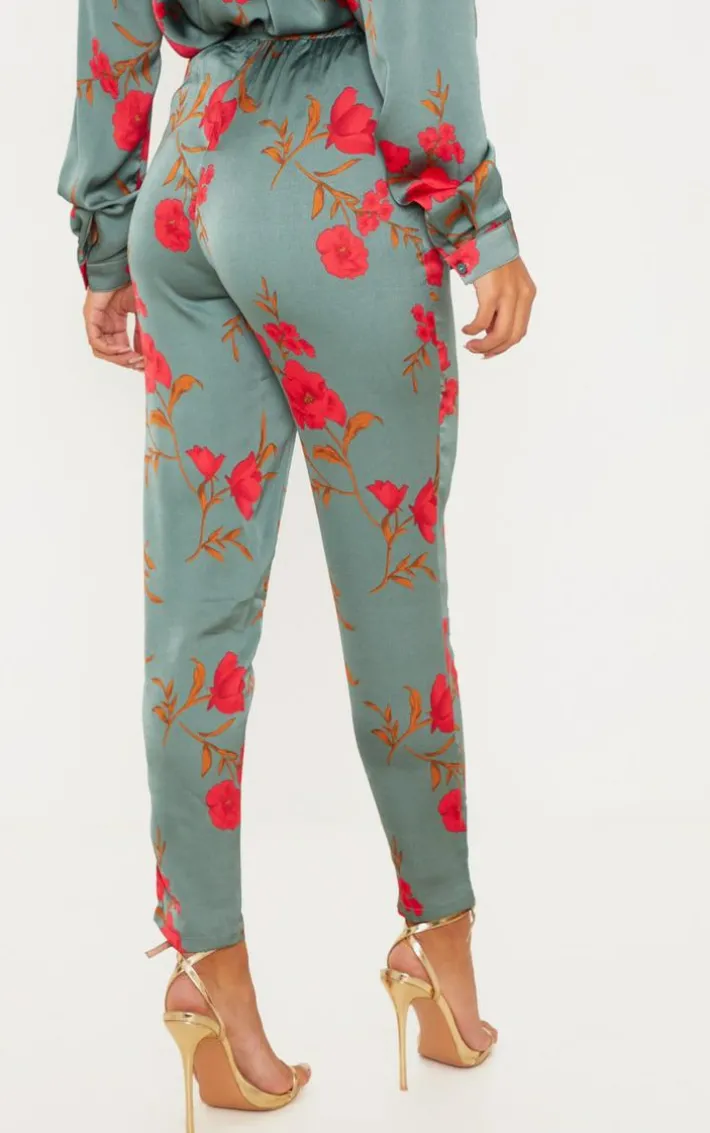 Green Floral Print Cigarette Pants