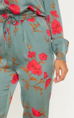 Green Floral Print Cigarette Pants