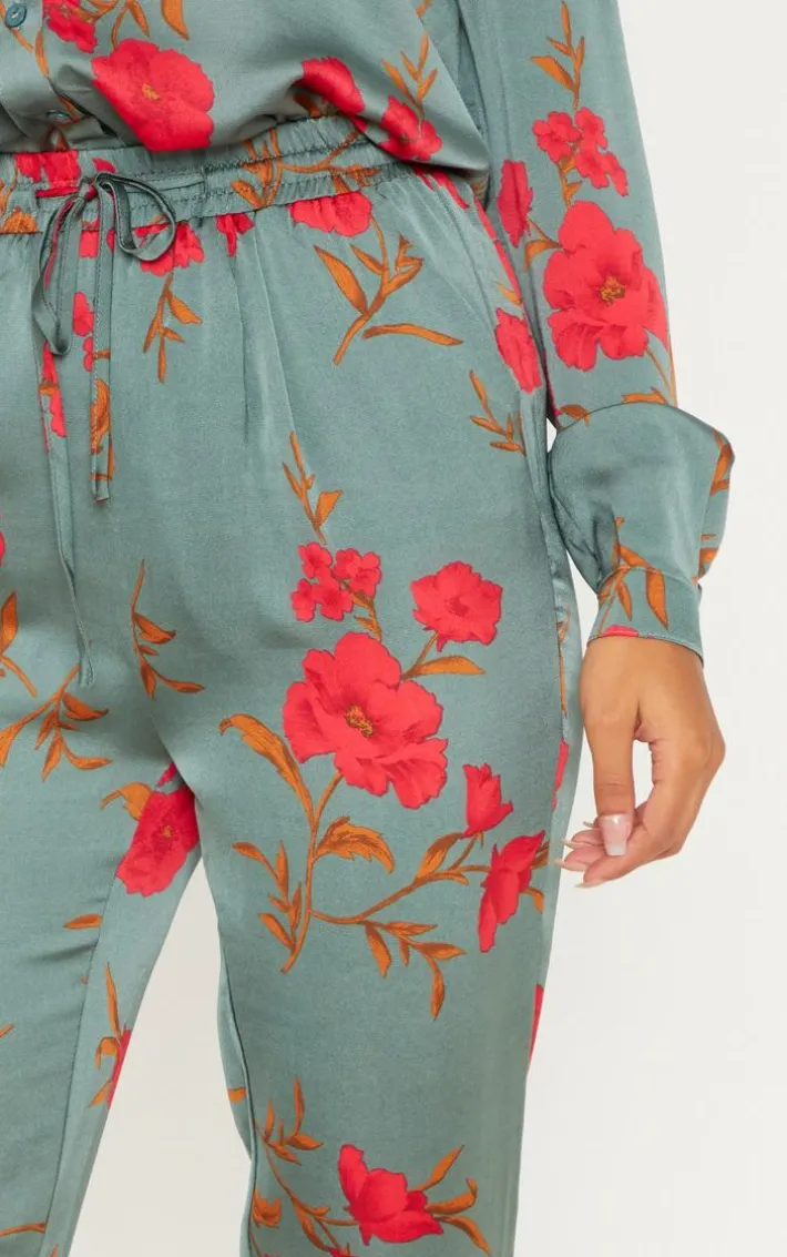 Green Floral Print Cigarette Pants