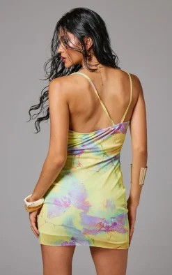 Green Floral Print Cowl Neck Asymmetric Mini Dress