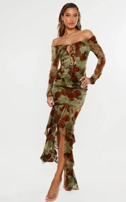 Green Floral Print Devore Off The Shoulder Long Sleeve Maxi Dress