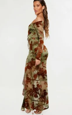 Green Floral Print Devore Off The Shoulder Long Sleeve Maxi Dress