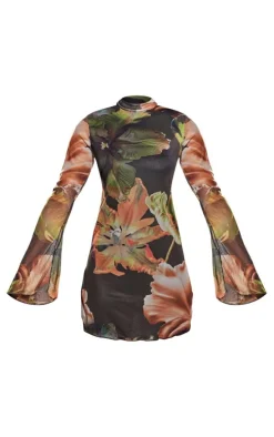 Green Floral Print High Neck Flared Sleeve Shift Dress