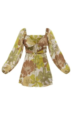 Green Floral Print Satin Cut Out Tie Detail Shift Dress
