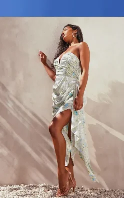 Green Floral Print Satin Ruched Plunge Midaxi Dress