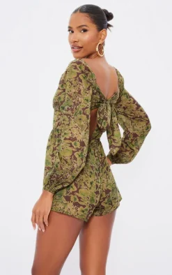 Green Floral Printed Tie Back Cut Out Romper