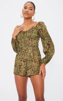 Green Floral Printed Tie Back Cut Out Romper