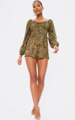 Green Floral Printed Tie Back Cut Out Romper