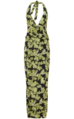 Green Floral Printed Woven Wrap Cowl Neck Maxi Dress